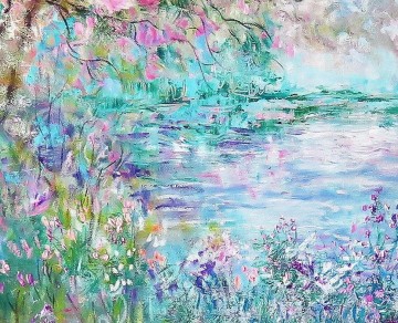Kirschblüte Wildblumen Teich Bäume Gartendekor Landschaft Wandkunst Natur Landschaft Detail Textur Ölgemälde